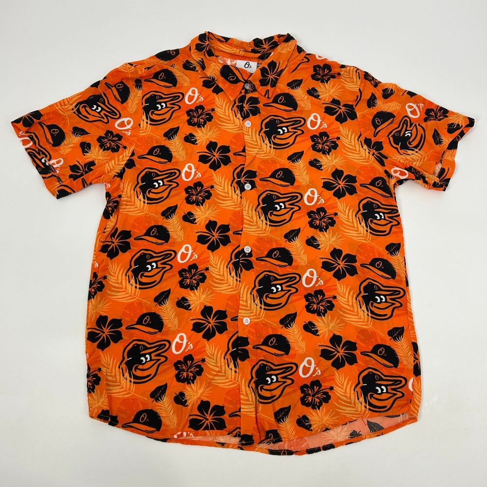 Baltimore Orioles Hawaiian Button Up Shirt‎ Men's Medium Orange SGA MLB